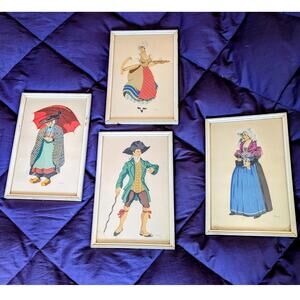 Four 10" x 6.5" Cream Wood Frame Antique/Vtg Signed Fashion Prints Under Glass
